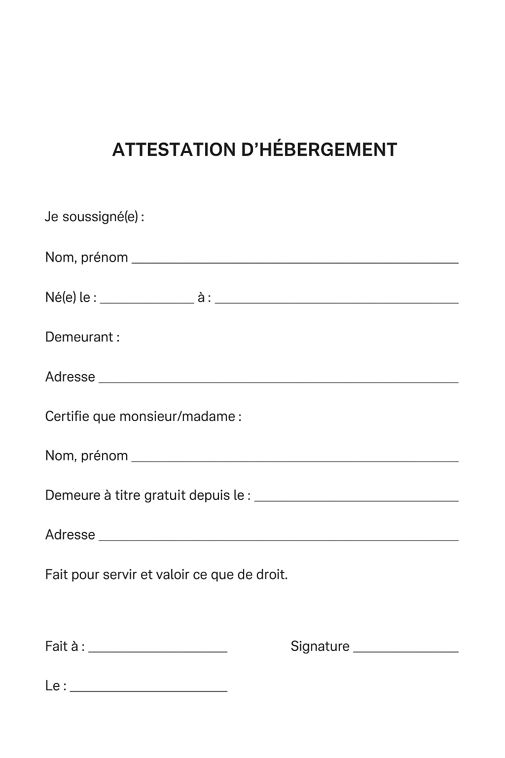 Modèle d'attestation d'hébergement