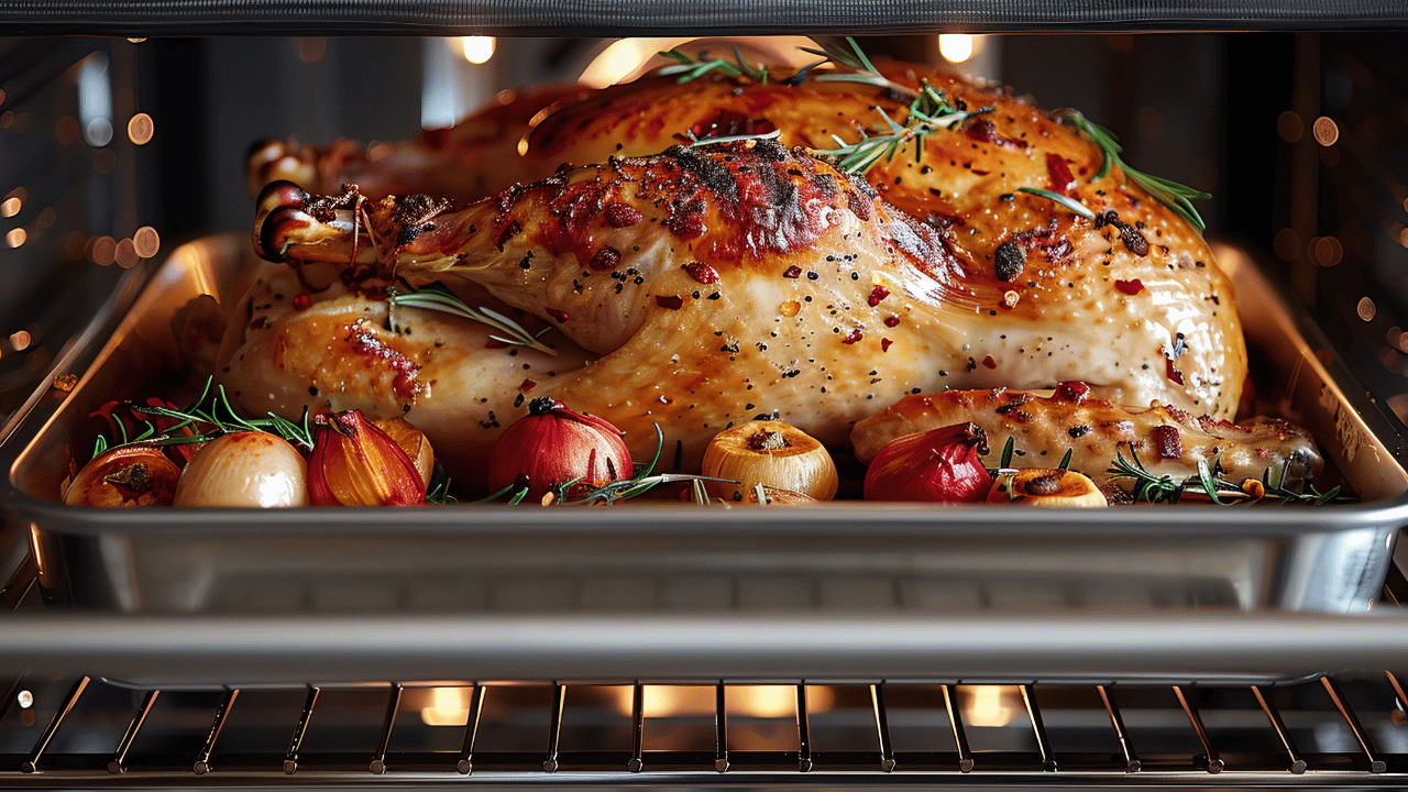 Une femme prépare un canard aux légumes et le sort du four.